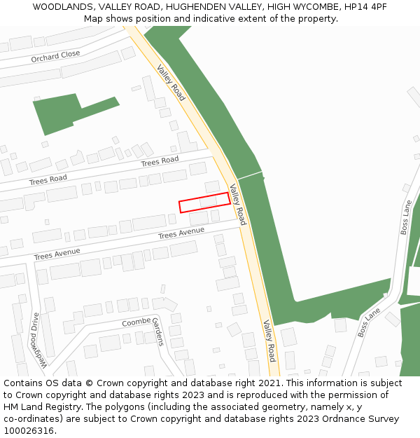 WOODLANDS, VALLEY ROAD, HUGHENDEN VALLEY, HIGH WYCOMBE, HP14 4PF: Location map and indicative extent of plot