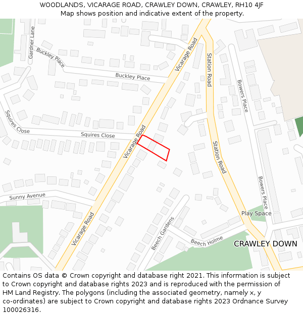 WOODLANDS, VICARAGE ROAD, CRAWLEY DOWN, CRAWLEY, RH10 4JF: Location map and indicative extent of plot