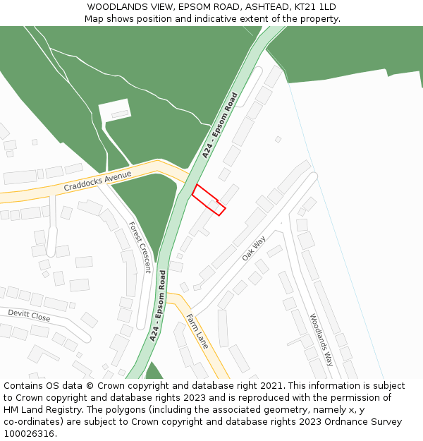 WOODLANDS VIEW, EPSOM ROAD, ASHTEAD, KT21 1LD: Location map and indicative extent of plot