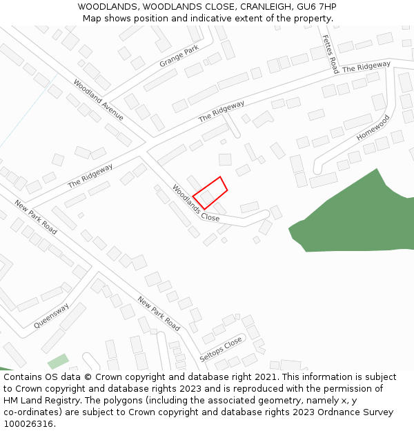 WOODLANDS, WOODLANDS CLOSE, CRANLEIGH, GU6 7HP: Location map and indicative extent of plot