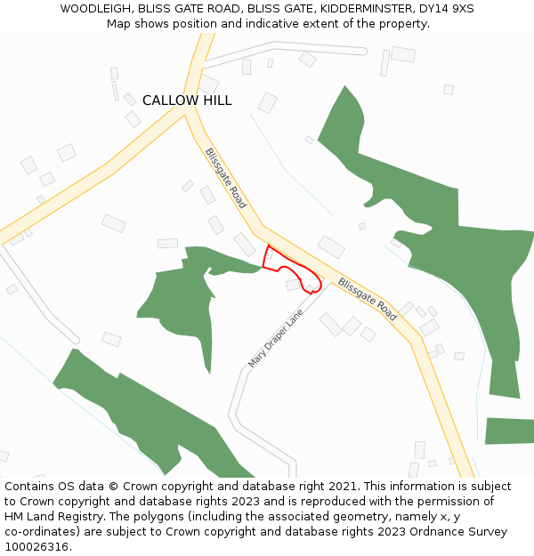 WOODLEIGH, BLISS GATE ROAD, BLISS GATE, KIDDERMINSTER, DY14 9XS: Location map and indicative extent of plot