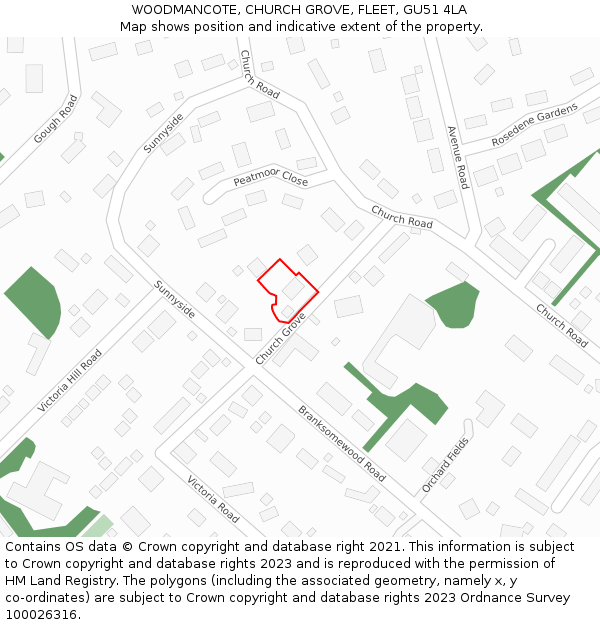 WOODMANCOTE, CHURCH GROVE, FLEET, GU51 4LA: Location map and indicative extent of plot