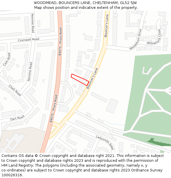 WOODMEAD, BOUNCERS LANE, CHELTENHAM, GL52 5JW: Location map and indicative extent of plot