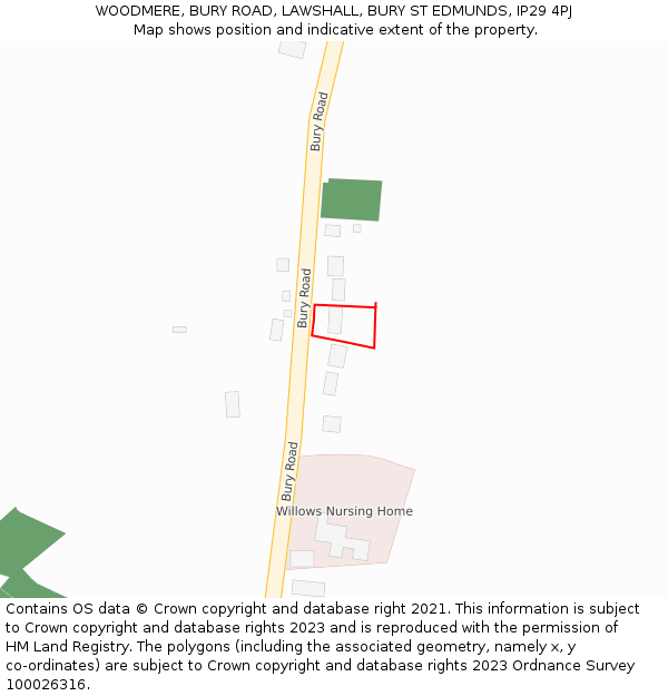 WOODMERE, BURY ROAD, LAWSHALL, BURY ST EDMUNDS, IP29 4PJ: Location map and indicative extent of plot