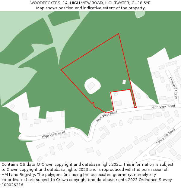 WOODPECKERS, 14, HIGH VIEW ROAD, LIGHTWATER, GU18 5YE: Location map and indicative extent of plot