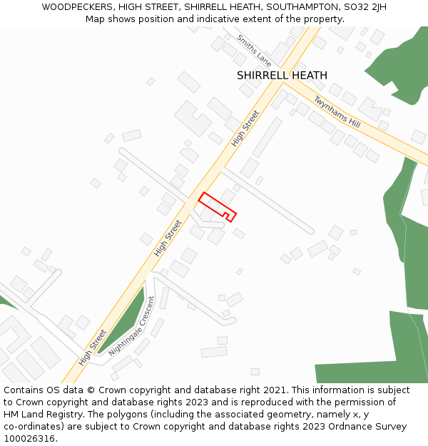 WOODPECKERS, HIGH STREET, SHIRRELL HEATH, SOUTHAMPTON, SO32 2JH: Location map and indicative extent of plot