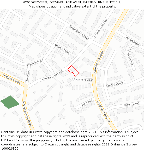 WOODPECKERS, JORDANS LANE WEST, EASTBOURNE, BN22 0LL: Location map and indicative extent of plot