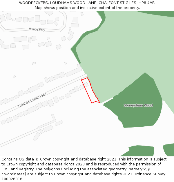 WOODPECKERS, LOUDHAMS WOOD LANE, CHALFONT ST GILES, HP8 4AR: Location map and indicative extent of plot