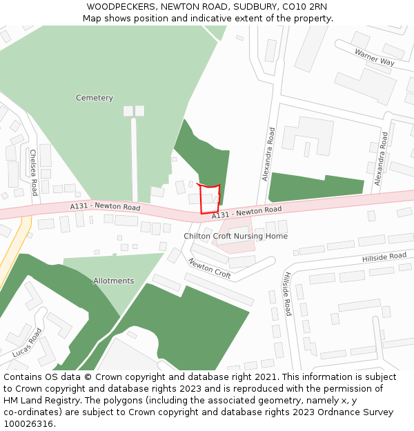 WOODPECKERS, NEWTON ROAD, SUDBURY, CO10 2RN: Location map and indicative extent of plot