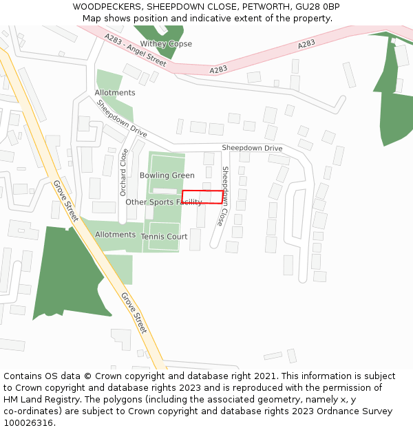 WOODPECKERS, SHEEPDOWN CLOSE, PETWORTH, GU28 0BP: Location map and indicative extent of plot