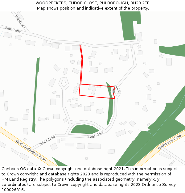 WOODPECKERS, TUDOR CLOSE, PULBOROUGH, RH20 2EF: Location map and indicative extent of plot