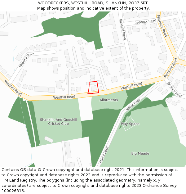 WOODPECKERS, WESTHILL ROAD, SHANKLIN, PO37 6PT: Location map and indicative extent of plot