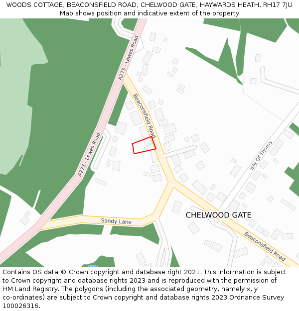 WOODS COTTAGE, BEACONSFIELD ROAD, CHELWOOD GATE, HAYWARDS HEATH, RH17 7JU: Location map and indicative extent of plot