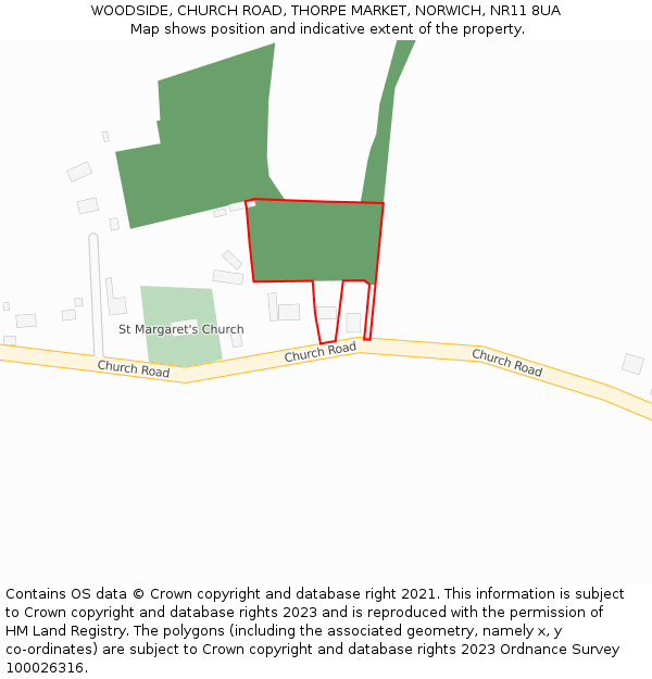 WOODSIDE, CHURCH ROAD, THORPE MARKET, NORWICH, NR11 8UA: Location map and indicative extent of plot