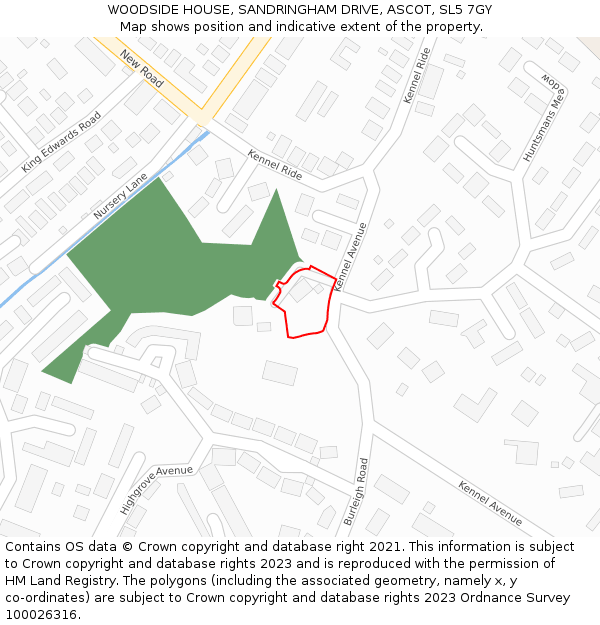 WOODSIDE HOUSE, SANDRINGHAM DRIVE, ASCOT, SL5 7GY: Location map and indicative extent of plot