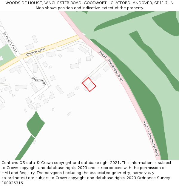 WOODSIDE HOUSE, WINCHESTER ROAD, GOODWORTH CLATFORD, ANDOVER, SP11 7HN: Location map and indicative extent of plot