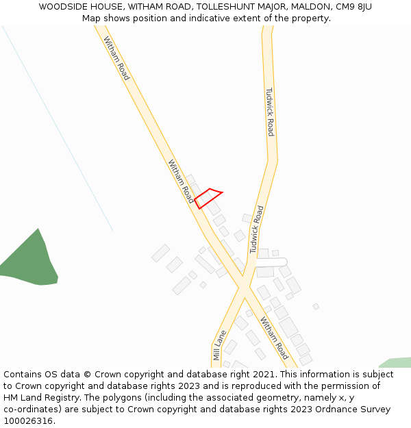 WOODSIDE HOUSE, WITHAM ROAD, TOLLESHUNT MAJOR, MALDON, CM9 8JU: Location map and indicative extent of plot