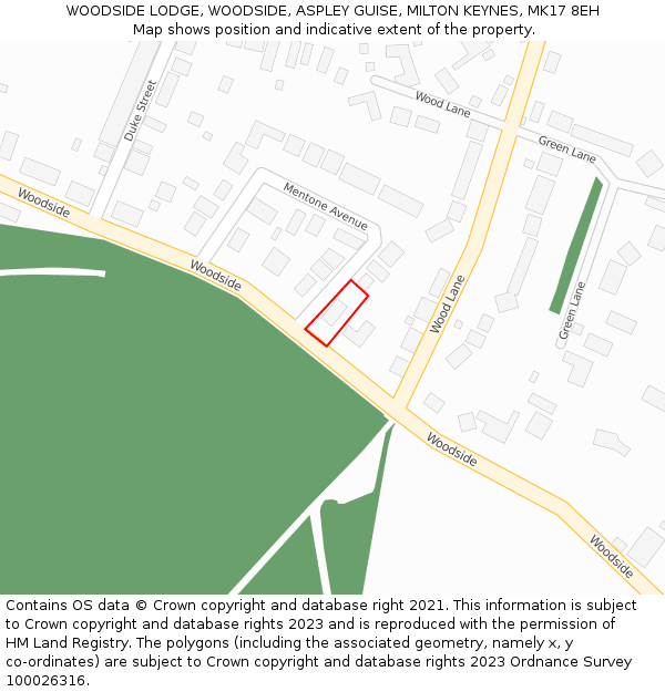 WOODSIDE LODGE, WOODSIDE, ASPLEY GUISE, MILTON KEYNES, MK17 8EH: Location map and indicative extent of plot