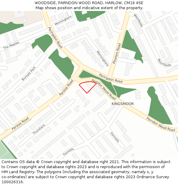WOODSIDE, PARNDON WOOD ROAD, HARLOW, CM19 4SE: Location map and indicative extent of plot