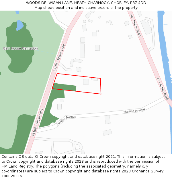 WOODSIDE, WIGAN LANE, HEATH CHARNOCK, CHORLEY, PR7 4DD: Location map and indicative extent of plot