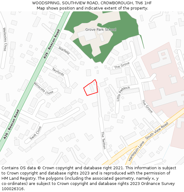 WOODSPRING, SOUTHVIEW ROAD, CROWBOROUGH, TN6 1HF: Location map and indicative extent of plot