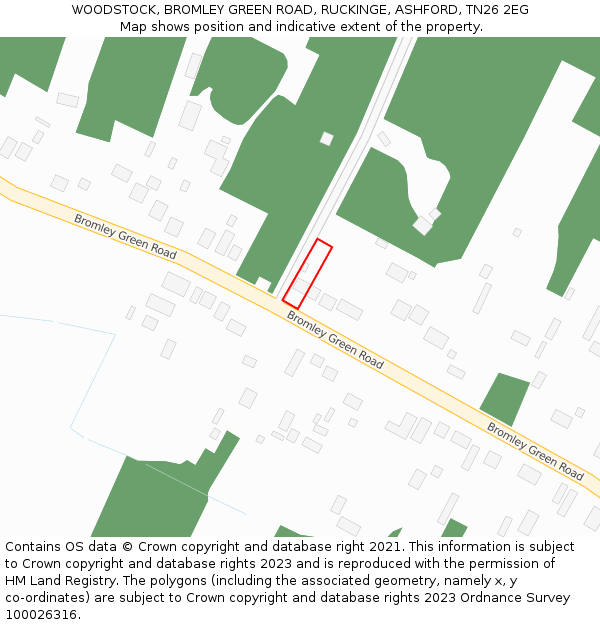 WOODSTOCK, BROMLEY GREEN ROAD, RUCKINGE, ASHFORD, TN26 2EG: Location map and indicative extent of plot