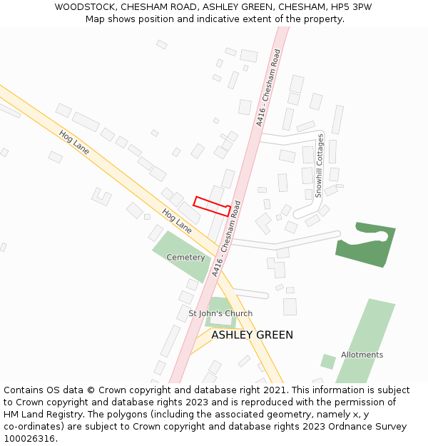 WOODSTOCK, CHESHAM ROAD, ASHLEY GREEN, CHESHAM, HP5 3PW: Location map and indicative extent of plot