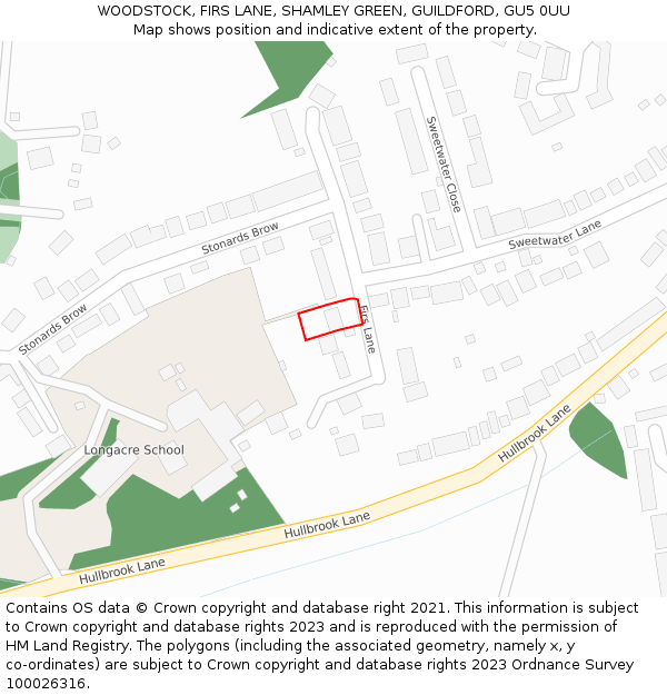 WOODSTOCK, FIRS LANE, SHAMLEY GREEN, GUILDFORD, GU5 0UU: Location map and indicative extent of plot