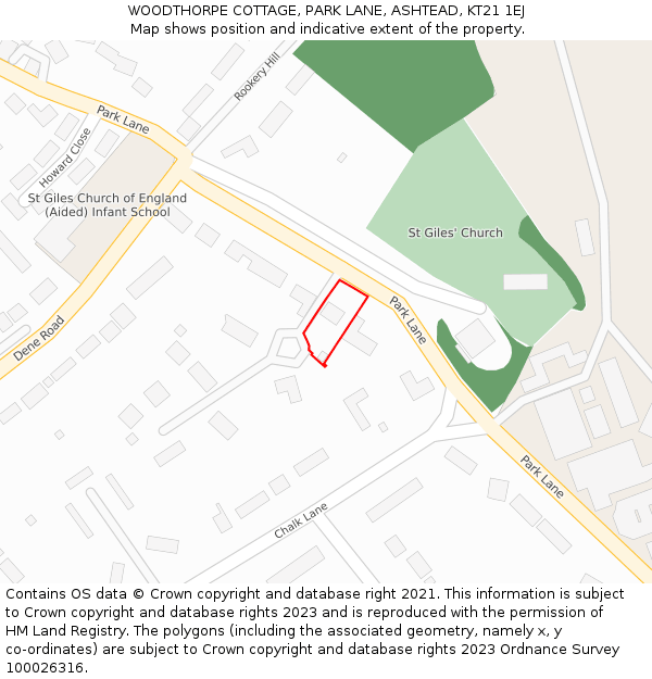 WOODTHORPE COTTAGE, PARK LANE, ASHTEAD, KT21 1EJ: Location map and indicative extent of plot