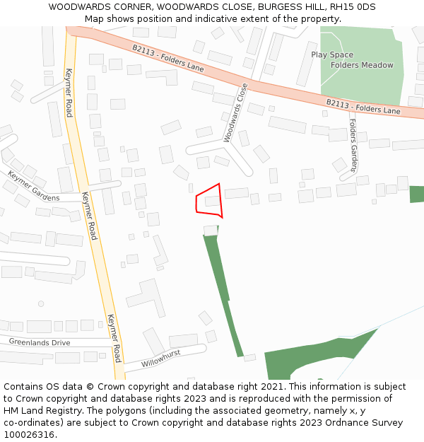 WOODWARDS CORNER, WOODWARDS CLOSE, BURGESS HILL, RH15 0DS: Location map and indicative extent of plot