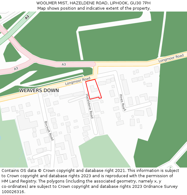 WOOLMER MIST, HAZELDENE ROAD, LIPHOOK, GU30 7PH: Location map and indicative extent of plot