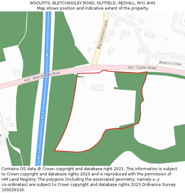 WOOLPITS, BLETCHINGLEY ROAD, NUTFIELD, REDHILL, RH1 4HN: Location map and indicative extent of plot