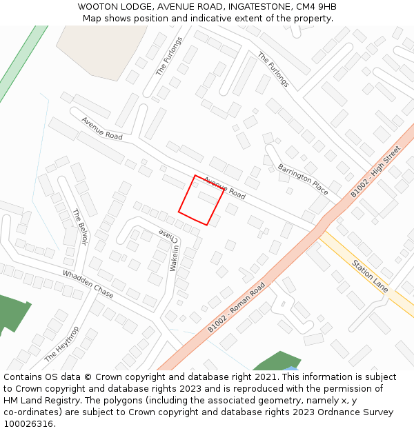WOOTON LODGE, AVENUE ROAD, INGATESTONE, CM4 9HB: Location map and indicative extent of plot