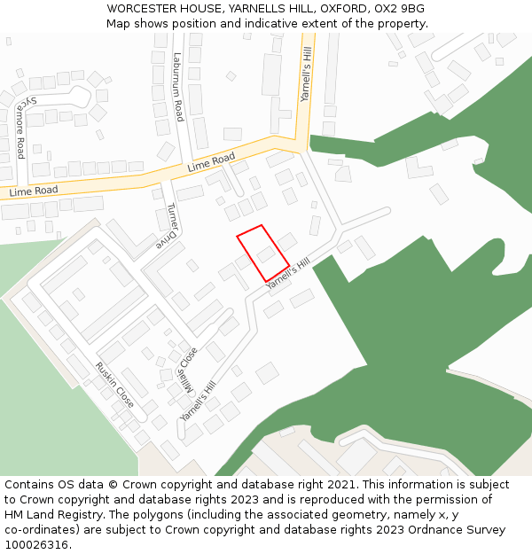 WORCESTER HOUSE, YARNELLS HILL, OXFORD, OX2 9BG: Location map and indicative extent of plot