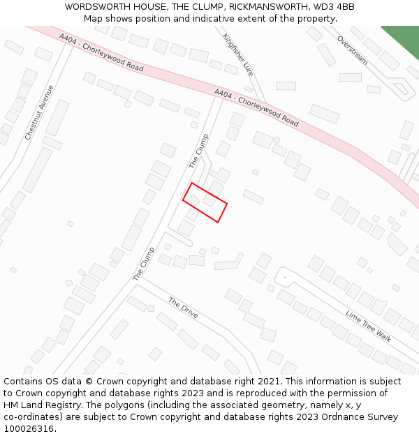 WORDSWORTH HOUSE, THE CLUMP, RICKMANSWORTH, WD3 4BB: Location map and indicative extent of plot