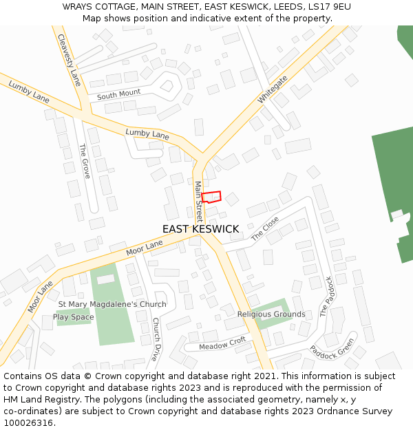 WRAYS COTTAGE, MAIN STREET, EAST KESWICK, LEEDS, LS17 9EU: Location map and indicative extent of plot