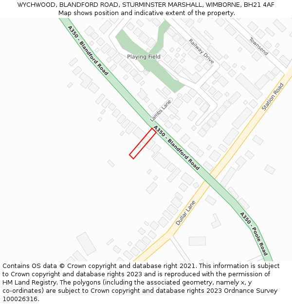 WYCHWOOD, BLANDFORD ROAD, STURMINSTER MARSHALL, WIMBORNE, BH21 4AF: Location map and indicative extent of plot