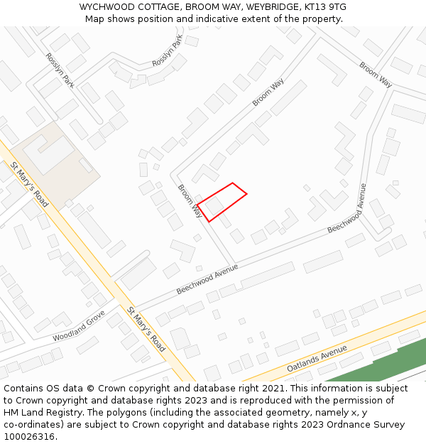 WYCHWOOD COTTAGE, BROOM WAY, WEYBRIDGE, KT13 9TG: Location map and indicative extent of plot