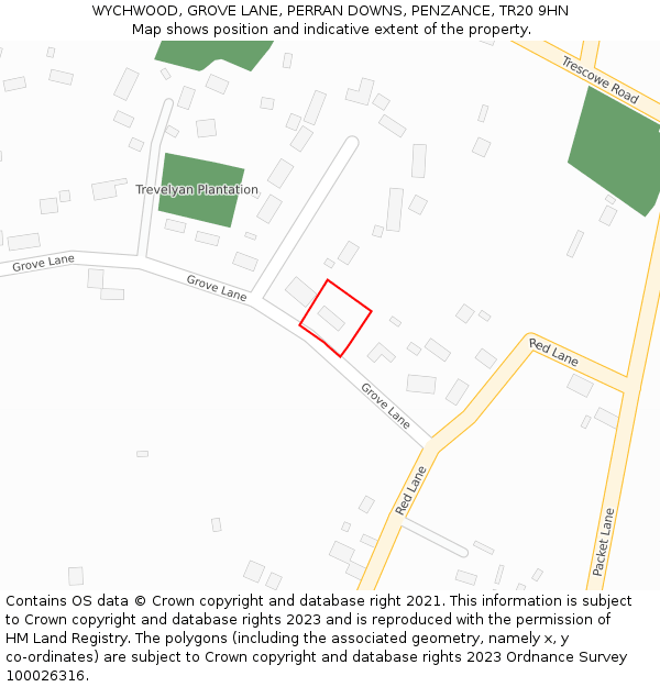 WYCHWOOD, GROVE LANE, PERRAN DOWNS, PENZANCE, TR20 9HN: Location map and indicative extent of plot