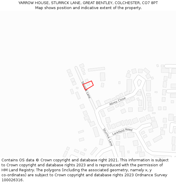 YARROW HOUSE, STURRICK LANE, GREAT BENTLEY, COLCHESTER, CO7 8PT: Location map and indicative extent of plot