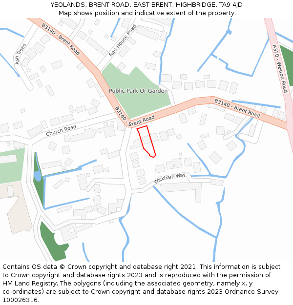 YEOLANDS, BRENT ROAD, EAST BRENT, HIGHBRIDGE, TA9 4JD: Location map and indicative extent of plot