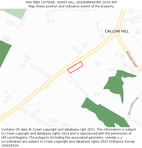 YEW TREE COTTAGE, GORST HILL, KIDDERMINSTER, DY14 9YP: Location map and indicative extent of plot