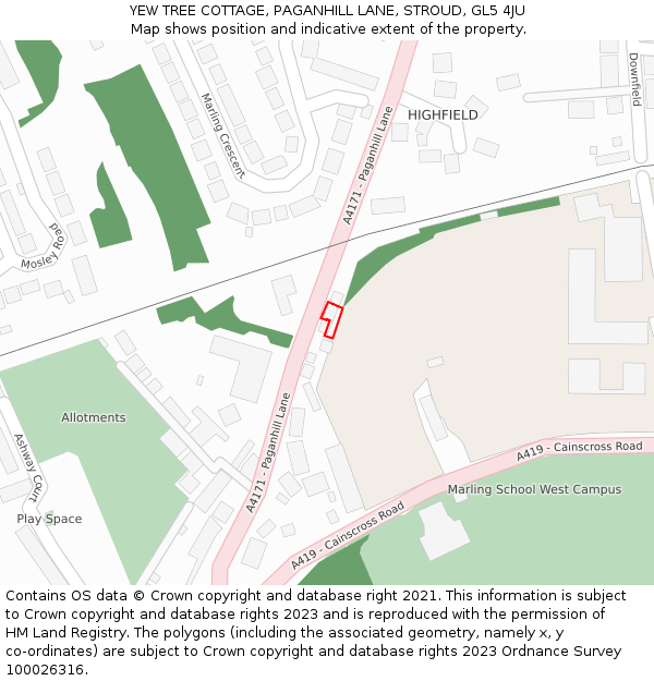 YEW TREE COTTAGE, PAGANHILL LANE, STROUD, GL5 4JU: Location map and indicative extent of plot