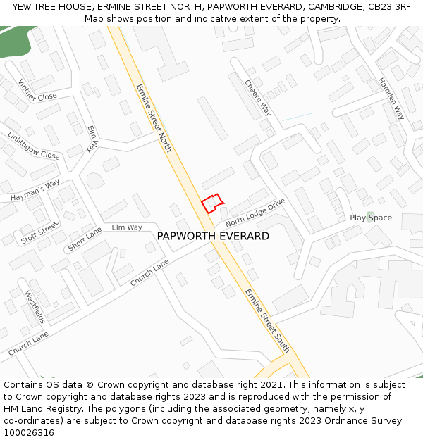 YEW TREE HOUSE, ERMINE STREET NORTH, PAPWORTH EVERARD, CAMBRIDGE, CB23 3RF: Location map and indicative extent of plot