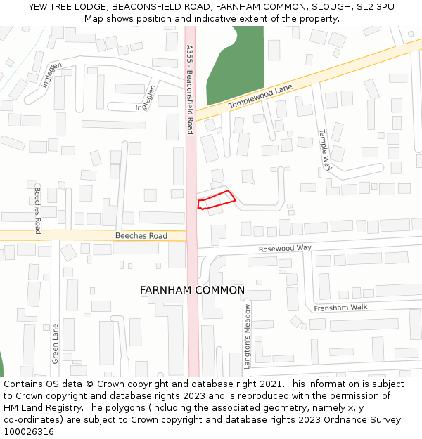 YEW TREE LODGE, BEACONSFIELD ROAD, FARNHAM COMMON, SLOUGH, SL2 3PU: Location map and indicative extent of plot