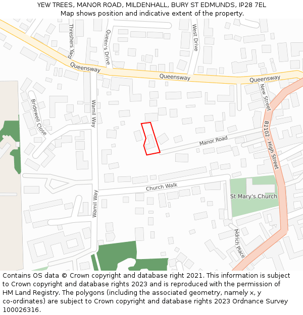YEW TREES, MANOR ROAD, MILDENHALL, BURY ST EDMUNDS, IP28 7EL: Location map and indicative extent of plot