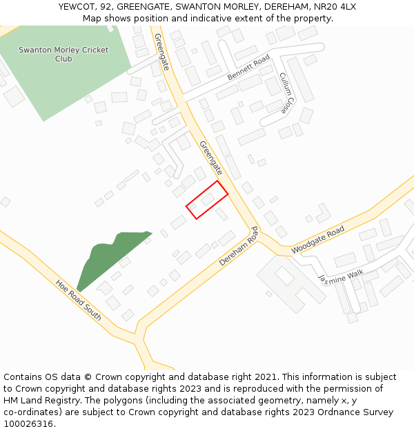 YEWCOT, 92, GREENGATE, SWANTON MORLEY, DEREHAM, NR20 4LX: Location map and indicative extent of plot