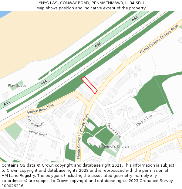 YNYS LAS, CONWAY ROAD, PENMAENMAWR, LL34 6BH: Location map and indicative extent of plot