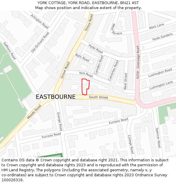 YORK COTTAGE, YORK ROAD, EASTBOURNE, BN21 4ST: Location map and indicative extent of plot
