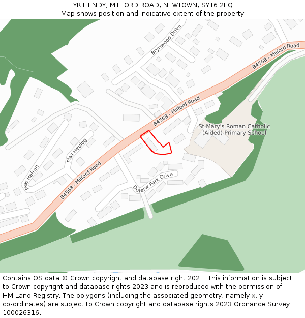 YR HENDY, MILFORD ROAD, NEWTOWN, SY16 2EQ: Location map and indicative extent of plot